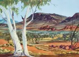 Ghost Gums, North Macdonnell Ranges by Albert Namatjira, watercolour and pencil on paper, sold Mar 2024