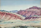 Untitled (Central Australian Landscape) by Albert Namatjira, c.1951, watercolour and pencil on paper on card, sold Mar 2024