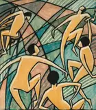 Music by Dorrit Black, 1927 - 28, colour linocut on thin cream oriental laid paper printed from five blocks in black, yellow, ochre, brick red, grey-green, sold Nov 2023