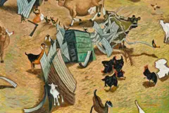 Birkdale Farm Construction With Australorps by William Robinson, 1982 - 83, oil on canvas, sold Nov 2023