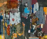 Composition Of Line And Colour, 1957 – 58 by Yvonne Audette, oil on composition board, sold Nov 2023