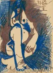 Nu Assis by Pablo Picasso, 1962, coloured crayon on paper, sold Nov 2023