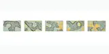 Archipelago by Rosalie Gascoigne, 1993, torn and cut patterned linoleum on treated Masonite panels on composition board five panels, sold Nov 2023