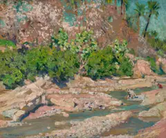 Figures Beside The Creek, Stanwell Park by E. Phillips Fox, c.1914, oil on canvas on board on composition board, sold Aug 2023