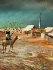 Early Morning Township by Sidney Nolan, 1955, Ripolin enamel and oil on composition board, sold Aug 2023