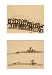 (I) Ceremony by Tommy McRae, c.1880, (II) SPEARING FISH AND BLACK SWAN , c.1880 pen and ink on paper, sold Aug 2023