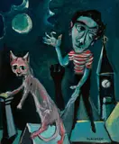Self Portrait With Cat On Rooftops by Charles Blackman, c.1952, enamel on cardboard, sold Aug 2023