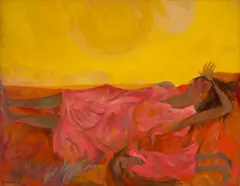 Sleeping Aboriginal Woman And Child by John Molvig, 1958, enamel and oil on composition board, sold Aug 2023
