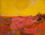 Sleeping Aboriginal Woman And Child by John Molvig, 1958, enamel and oil on composition board, sold Aug 2023