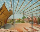 Construction Of A Hangar by Weaver Hawkins, 1949, oil on plywood, sold Aug 2023
