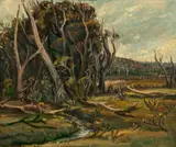 Landscape (Bacchus Marsh), 1943 – 45 by Arthur Boyd, oil on canvas on composition board, offered May 2023
