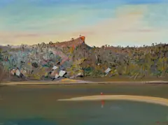 Pulpit Rock, Sandbar And Figure, Shoalhaven River by Arthur Boyd, c.1987, oil on composition board, sold May 2023