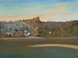 Pulpit Rock, Sandbar And Figure, Shoalhaven River by Arthur Boyd, c.1987, oil on composition board, sold May 2023