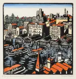 Circular Quay by Margaret Preston, 1925, hand-coloured woodcut, sold May 2023