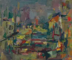 [Harbour Landscape] by John Passmore, c.1956, oil on composition board, offered May 2023