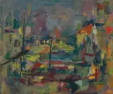 [Harbour Landscape] by John Passmore, c.1956, oil on composition board, offered May 2023
