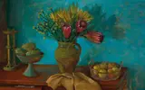Protea And Fruit by Margaret Olley, 1976, oil on composition board, sold May 2023