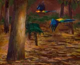 Parrots In Flight by Albert Tucker, oil on cardboard, sold May 2023