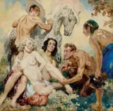 Satyr And Two Nymphs by Norman Lindsay, watercolour on paper, sold May 2023