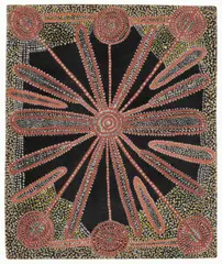Untitled (Men’S Ceremony) by Charlie Wartuma Tjungurrayi, 1972, synthetic polymer powder paint on composition board, sold Mar 2023
