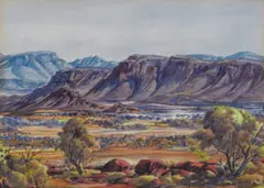 Ranges Near Jay Creek by Albert Namatjira, c.1950s, watercolour on paper, sold Mar 2023