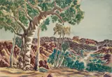 Central Australian Landscape by Otto Pareroultja, c.1950s, watercolour on paper, sold Mar 2023