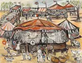 MOLONG SHOW (also known as THE FAIRGROUND) by Margaret Preston, 1946, mixed media on canvas, sold Dec 2022