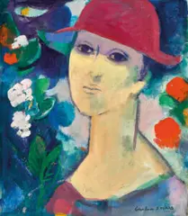 Woman In A Garden by Constance Stokes, c.1981, oil on composition board, sold Dec 2022