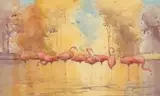 Pink Flamingos by Sydney Long, watercolour on paper, sold Dec 2022