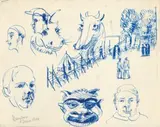 Nationalisme, Internment Camp Studies, Huyton, England (Verso: Figure Studies) by Ludwig Hirschfeld-Mack, 1940, ink and pen on paper, sold Dec 2022