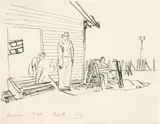 Figures Outside Hut 18, Hay by Ludwig Hirschfeld-Mack, 1940, ink on paper, sold Dec 2022