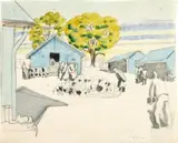 Study For Internment Camp, Tatura (Verso: Preparatory Sketch For The Woodcut ‘Internment Camp, Tatura’) by Ludwig Hirschfeld-Mack, 1941, watercolour and pencil on paper, sold Dec 2022