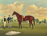 Mentor, Winner Of 1888 Melbourne Cup, With Trainer Walter S. Hickenbotham And Jockey Mick O’Brien, At Flemington by Frederick Woodhouse Jnr, 1889, oil on canvas, sold Dec 2022