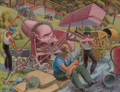 Concrete Mixers by Weaver Hawkins, 1946, oil on composition board, sold Sep 2022