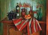 Kitchen Cupboard And Christmas Bells by Margaret Olley, c.1981, oil on composition board, sold Sep 2022