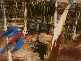 Faun Attacked By Parrot by Albert Tucker, 1966, synthetic polymer paint on cardboard, sold Sep 2022