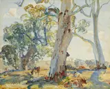 Grazing Cattle by Hans Heysen, 1938, watercolour on paper, sold Sep 2022
