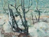 Trees In Landscape by Clifton Pugh, 1961, oil on board, offered Sep 2022