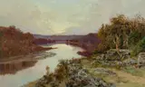 “When The Glow Is In The West”, Lane Cove From Above The Bridge by William Piguenit, 1893, oil on canvas, sold Jul 2022