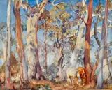 White Gums by Hans Heysen, 1926, watercolour on paper on compressed card, sold Jul 2022