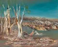 Crossing The River by Sidney Nolan, 1964, oil on composition board, sold Jul 2022