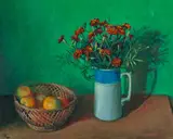 Still Life With Marigolds And Oranges by Margaret Olley, c.1973, oil on composition board, sold Jul 2022