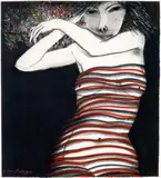 Girl In Striped Dress With Bouquet Of Flowers by George Baldessin, c.1977, conte pencil and synthetic polymer paint on paper, sold Jul 2022
