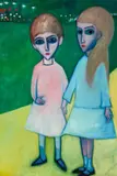 GIRLS IN THE GARDENS, also known as PINK AND BLUE by Robert Dickerson, 1970, oil on canvas on composition board, sold Jul 2022