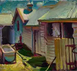 The Backyard Opalescent Shed by Murray Griffin, 1949, oil on composition board, sold Jul 2022
