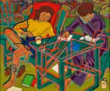Figures In A Garden by Weaver Hawkins, 1948, oil on canvas on board, sold Jul 2022