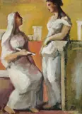 Two Girls by Jean Bellette, c.1945, oil on board, sold Jul 2022