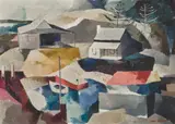 Port Fairy Image (Verso: Street Scene With Terraced Houses) by Shay Docking, 1957, oil on hessian on composition board, sold Jul 2022