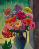 Still Life With Zinnias by Alison Rehfisch, oil on plywood, sold Jul 2022