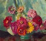 Zinnias by Alice Marion Ellen Bale, oil on canvas, sold Jul 2022